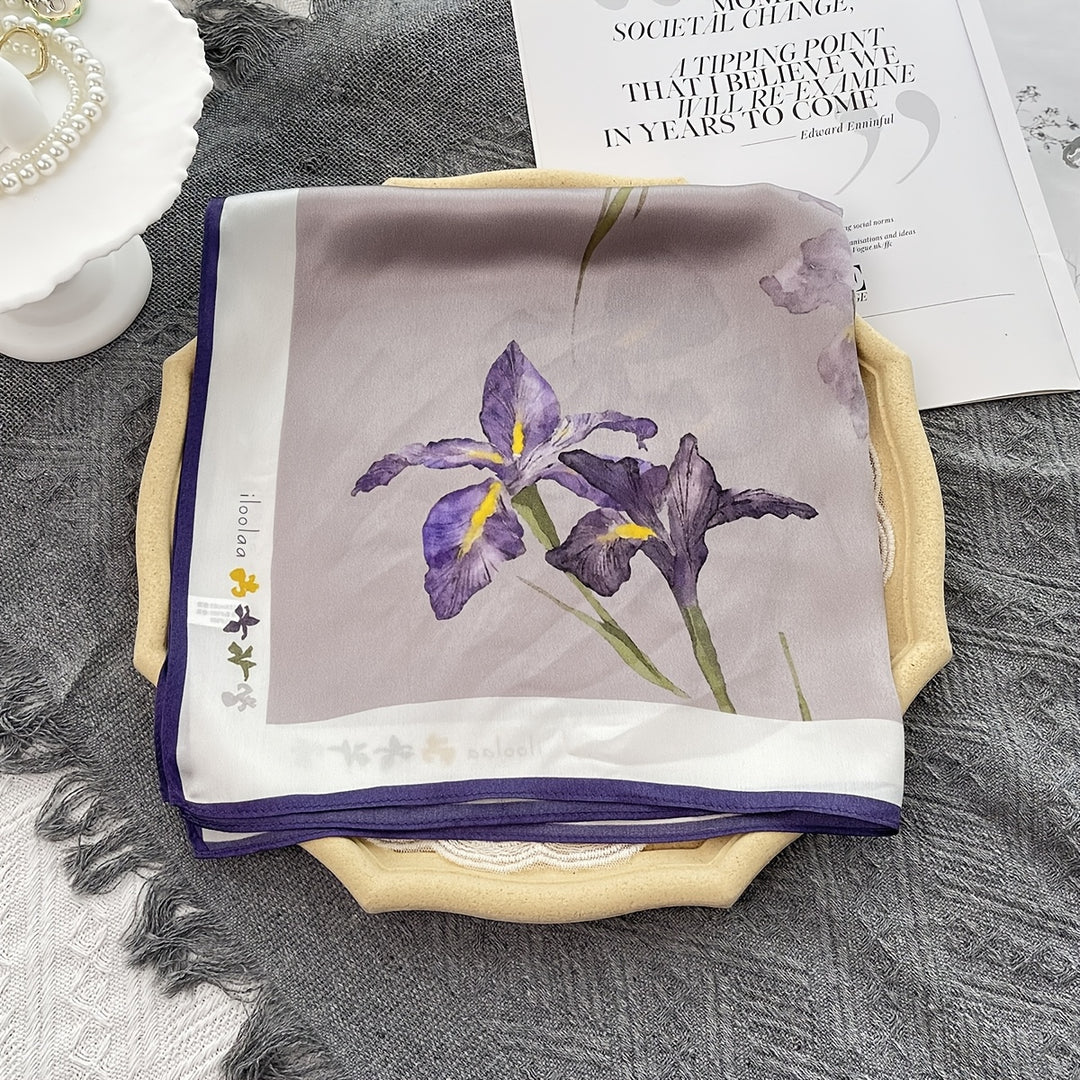 Eveline - Elegant 100% Silk Scarf with Purple Flower Print