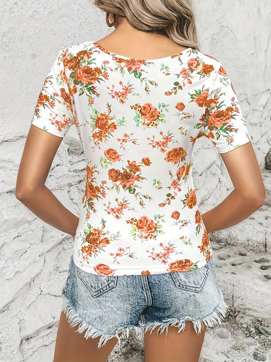 Elvira - Elegant T-shirt met Bloemenprint en Ronde Hals