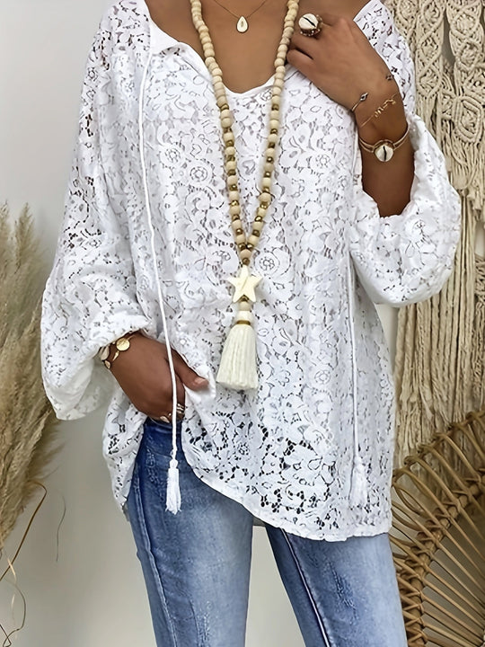 Lieke - Boho Blouse in Grote Maten met V-Hals, Lange Lantaarnmouwen en Effen Kant