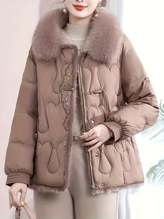 Mariska - Elegant Women's Winter Coat, Faux Fur with Geometric Embroidery html