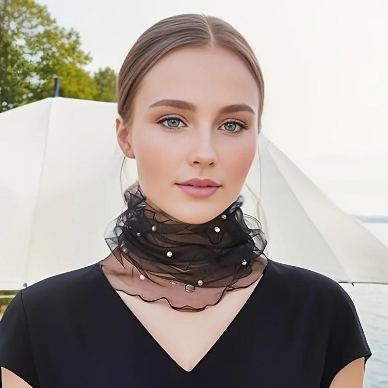 Milou - Elegant Black Mesh Neckwarmer with Imitation Pearls