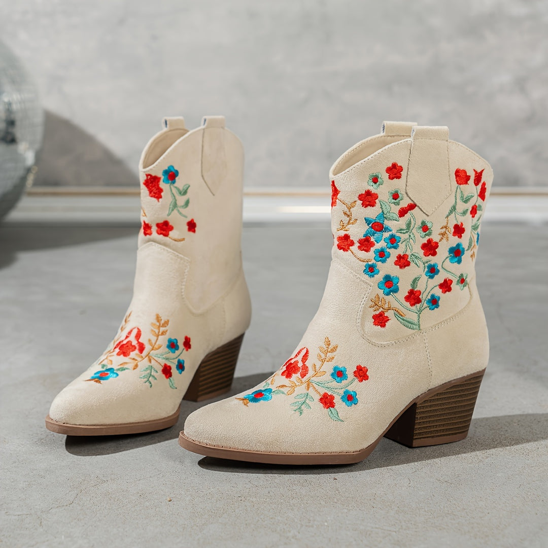 Iris - Fashionable Floral Pattern Chunky Heel Slip-On Boots