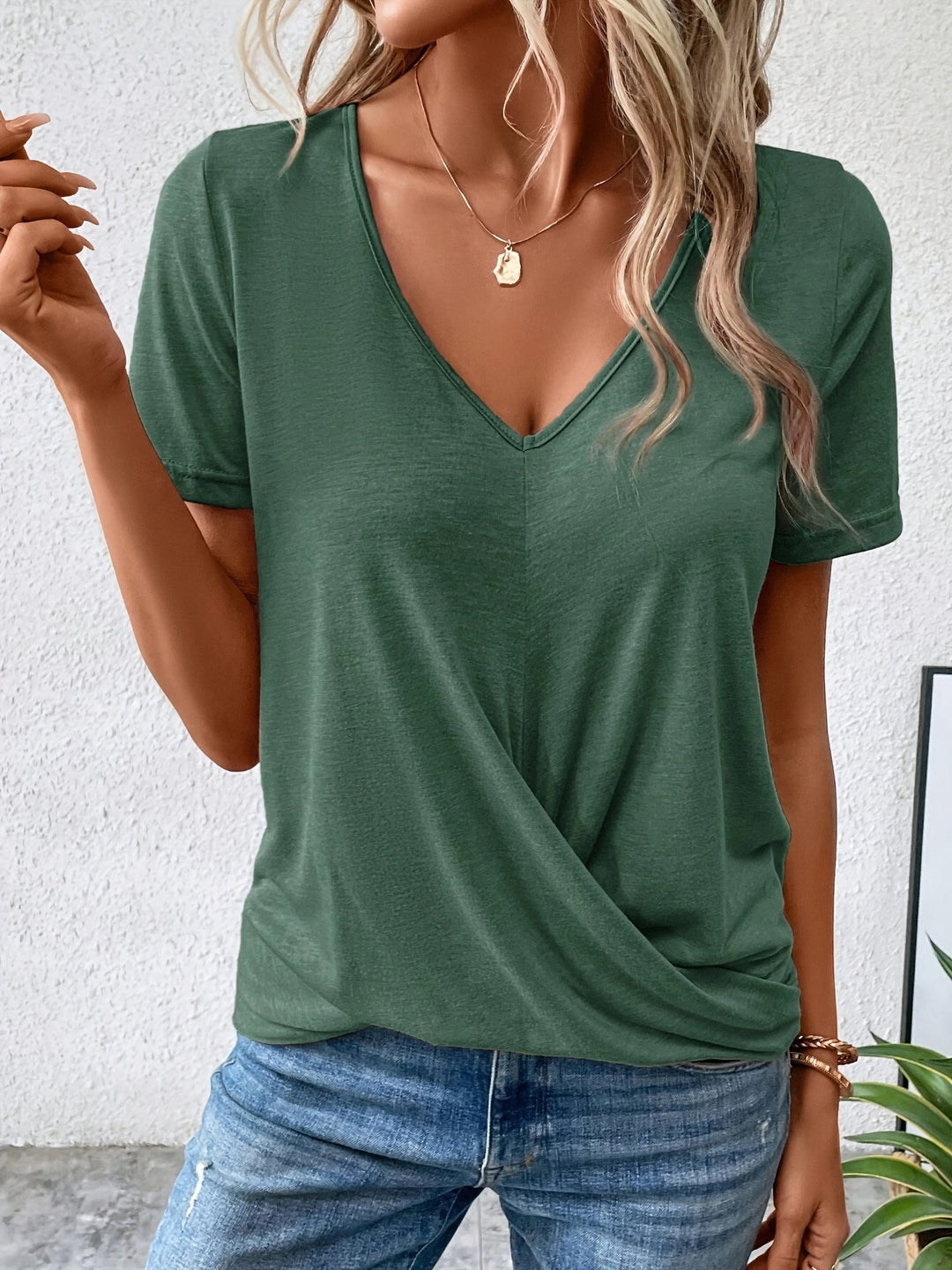 Lotte - V-Neck T-Shirt with Twisted Hem, Casual Short Sleeve T-Shirt