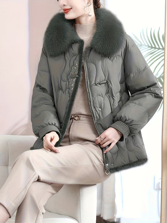 Mariska - Elegant Women's Winter Coat, Faux Fur with Geometric Embroidery html