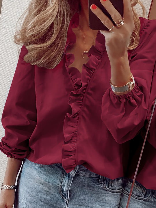 Lisanne - Elegant Blouse with Ruffles and V-Neck, Long Sleeves, Feminine Clothing 