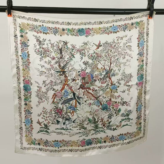 Elise - Elegant Silk Scarf with Bird and Flower Print