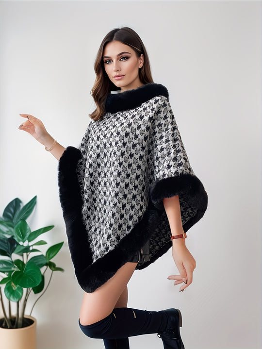 Eva - Pied-de-Poule Cape with Contrasting Faux Fur