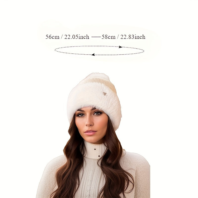 Sanne - Chic Plush Knitted Beanie with Rhinestone Label | Warm &amp; Cozy Winter Hat for Women