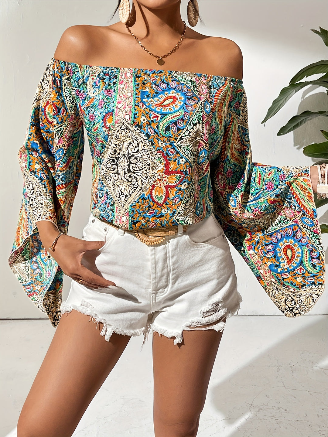 Fleur - Off-Shoulder Blouse With Geometric Print