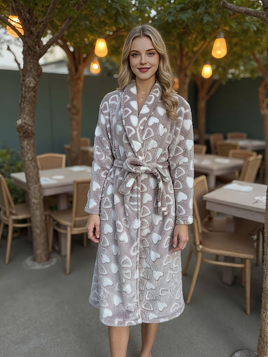 Elise - Elegant Flannel Robe with Heart Pattern and Belt