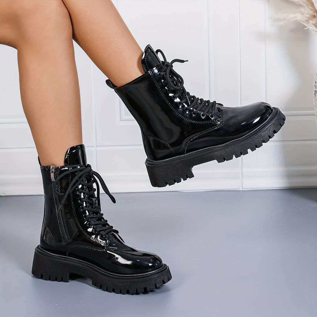 Yara - Trendy Mid-Calf Platform Boots with Lace-Up Closure