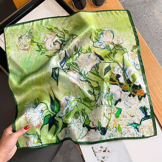 Yara - Elegant Silk Square Scarf with Oil Painting Print