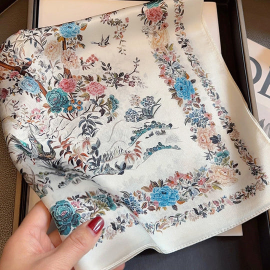 Elise - Elegant Silk Scarf with Bird and Flower Print