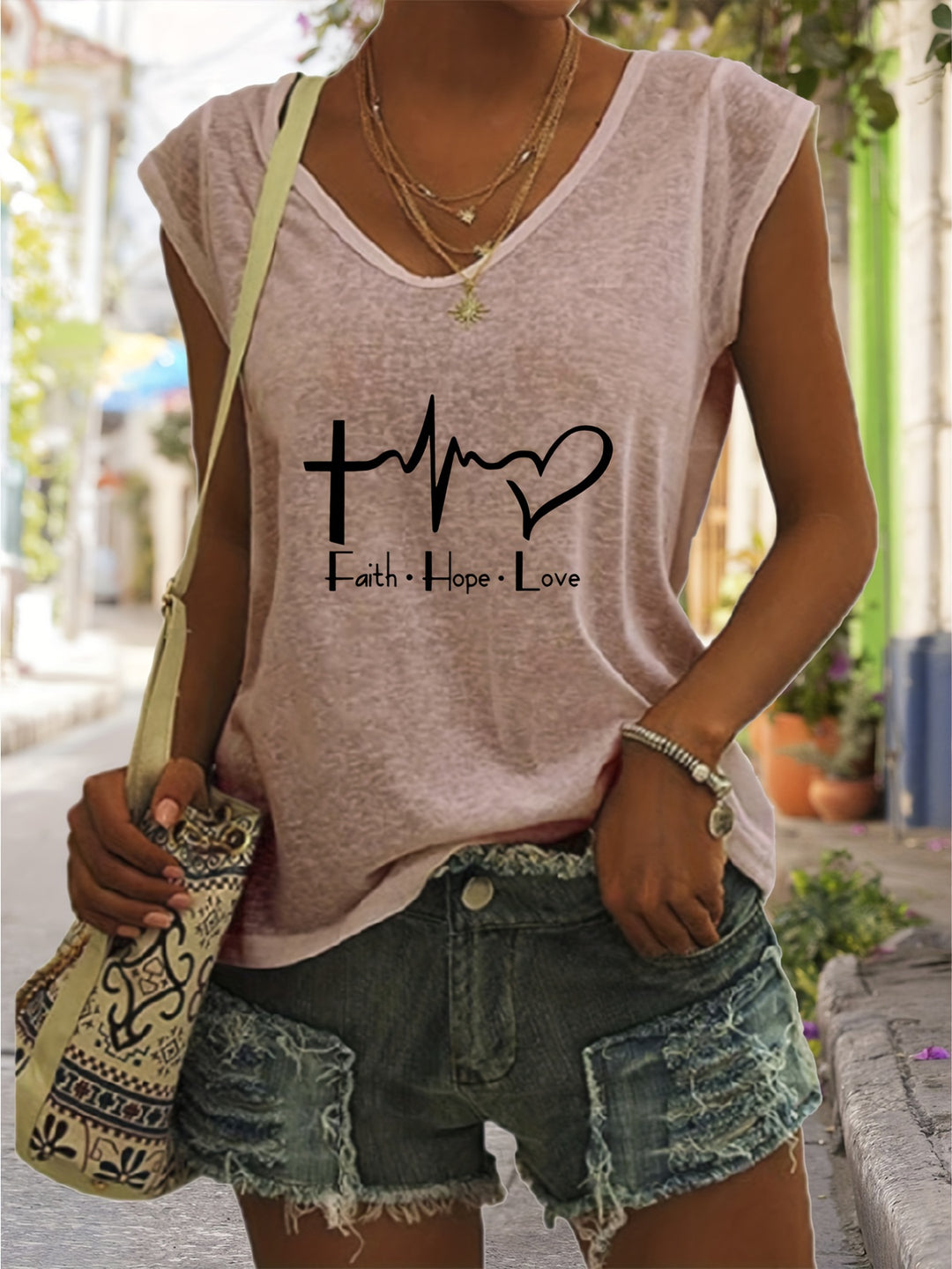 Lisanne - Faith &amp; Love Print Tank Top, Casual Sleeveless V-Neck Top For Summer