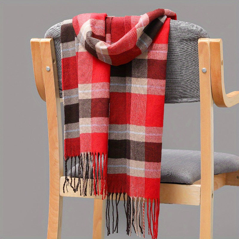 Anouk - Men's Scarf in Imitation Cashmere with Checked Pattern and Fringe Hem