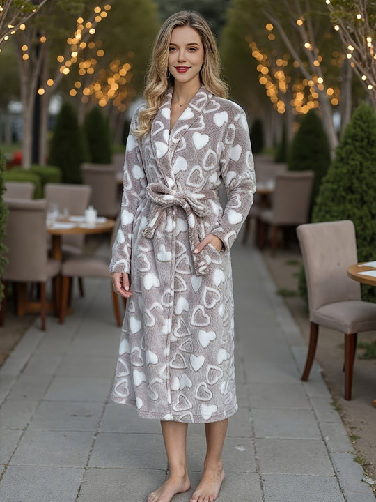 Elise - Elegant Flannel Robe with Heart Pattern and Belt