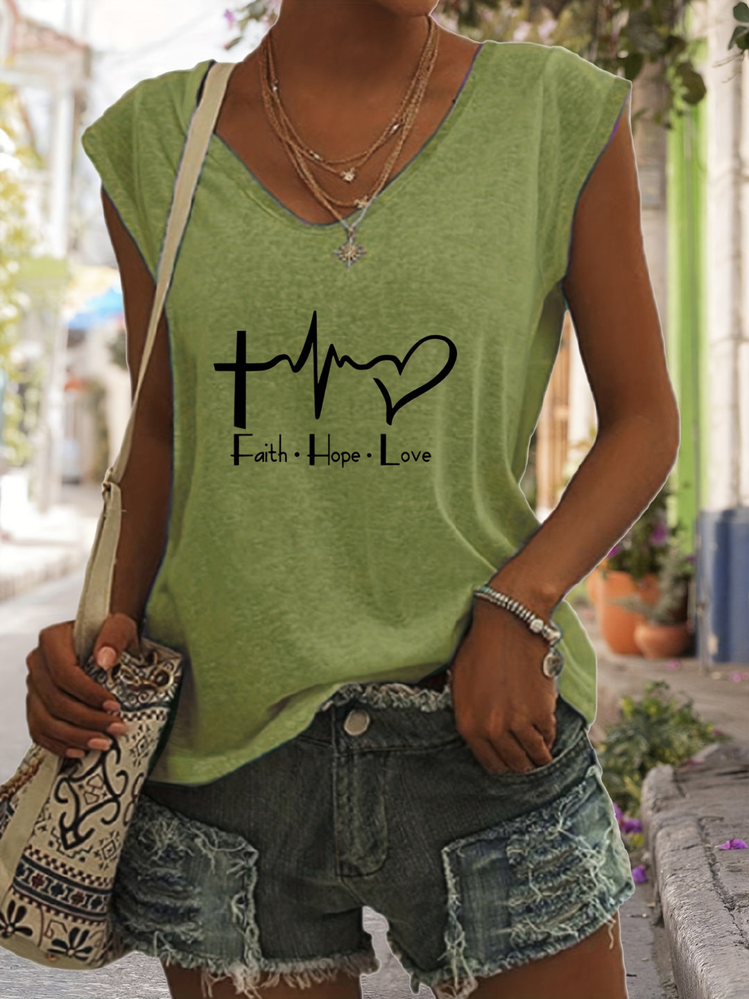 Lisanne - Faith &amp; Love Print Tank Top, Casual Sleeveless V-Neck Top For Summer