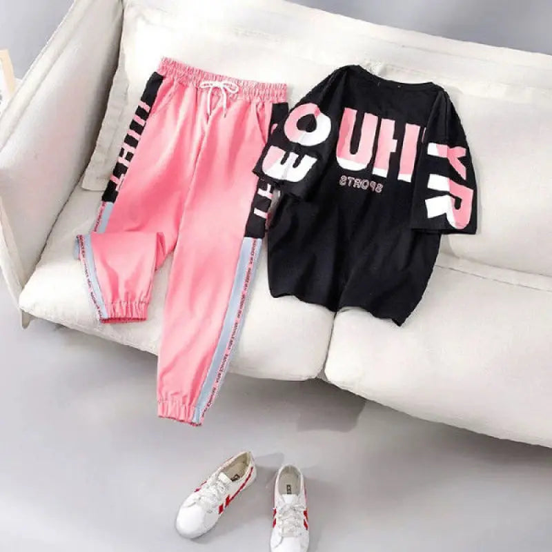 Linde - Women's Tracksuit with Short Shirt and Casual Pants Two-Piece Set