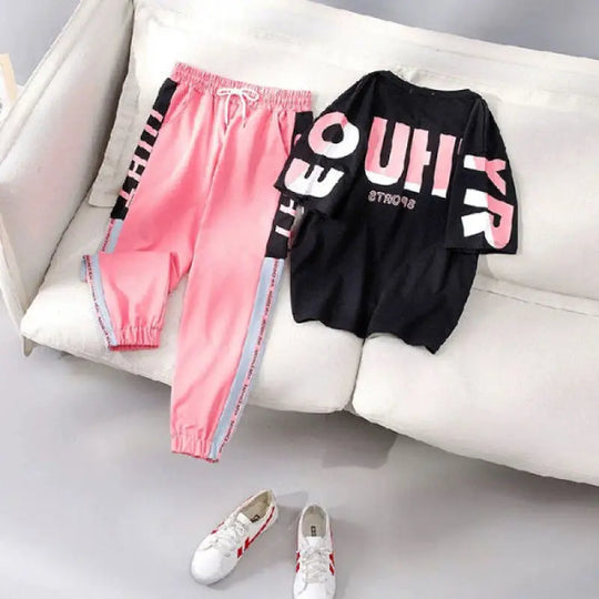 Linde - Women's Tracksuit with Short Shirt and Casual Pants Two-Piece Set