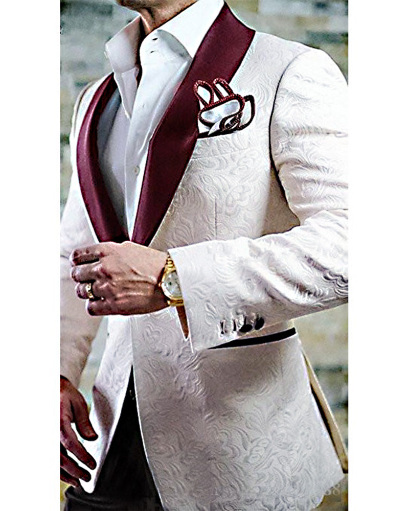 Daan Elegant Heren Pak - Luxe Ivoor Jacquard Pak met Bourgondische Revers