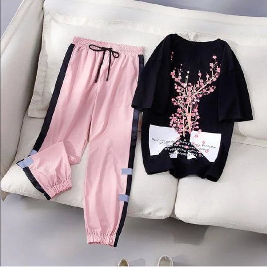 Linde - Women's Tracksuit with Short Shirt and Casual Pants Two-Piece Set