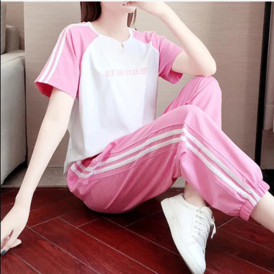 Linde - Women's Tracksuit with Short Shirt and Casual Pants Two-Piece Set