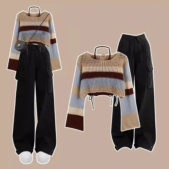 Isabelle - Fashionable Striped Knitted Two Piece Set Women's Sweater and Work Pants