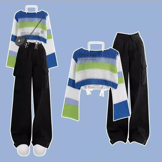 Isabelle - Fashionable Striped Knitted Two Piece Set Women's Sweater and Work Pants