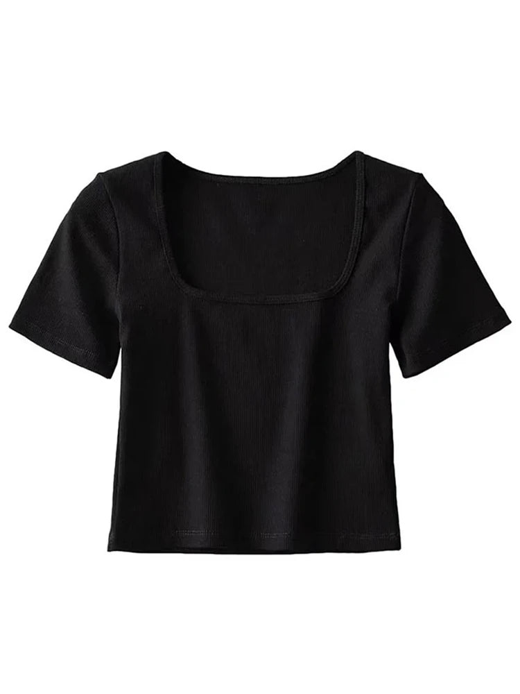 Femke - Rib Crop T-shirt met Vierkante Hals