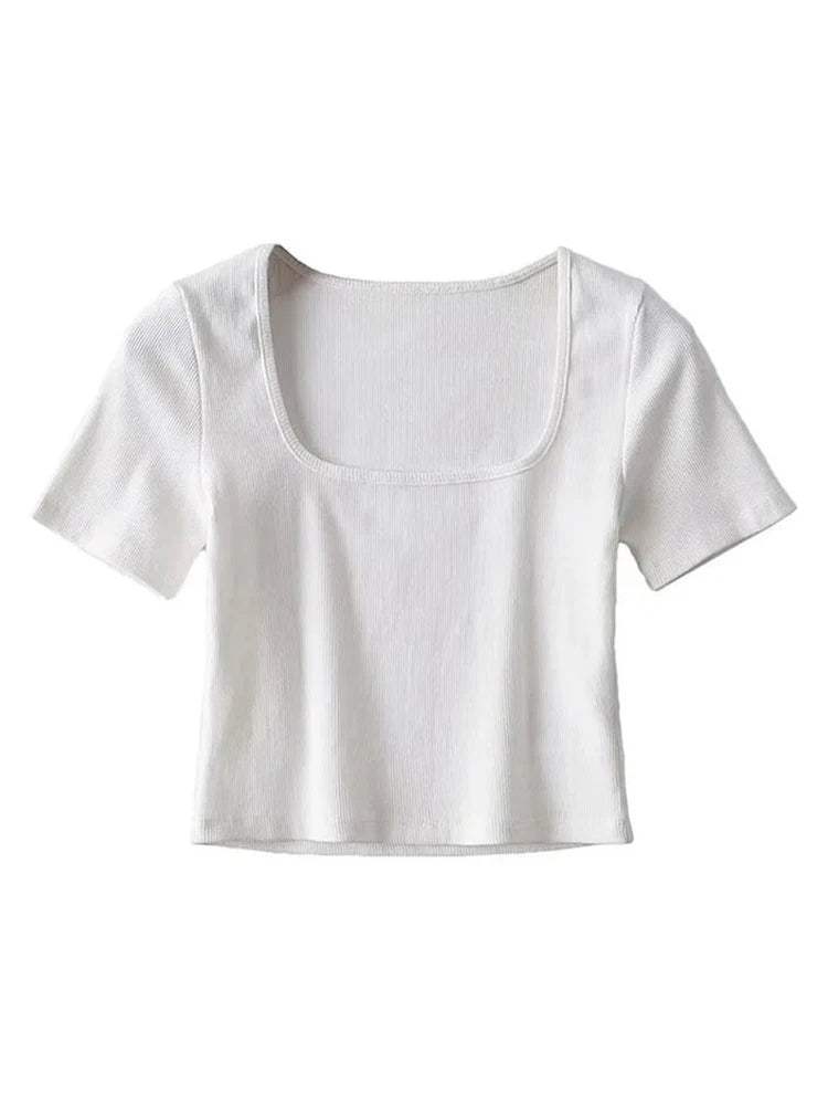 Femke - Rib Crop T-shirt met Vierkante Hals