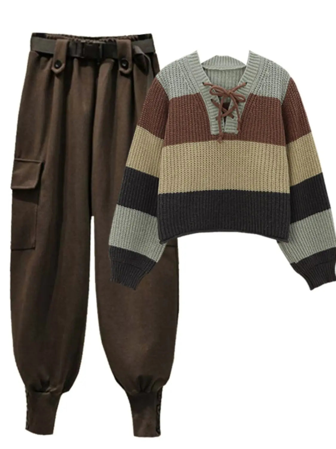 Annelies - Herfst/Winter Gebreide Tweedelige Set met V-Hals Trui en Slim-fit Broek