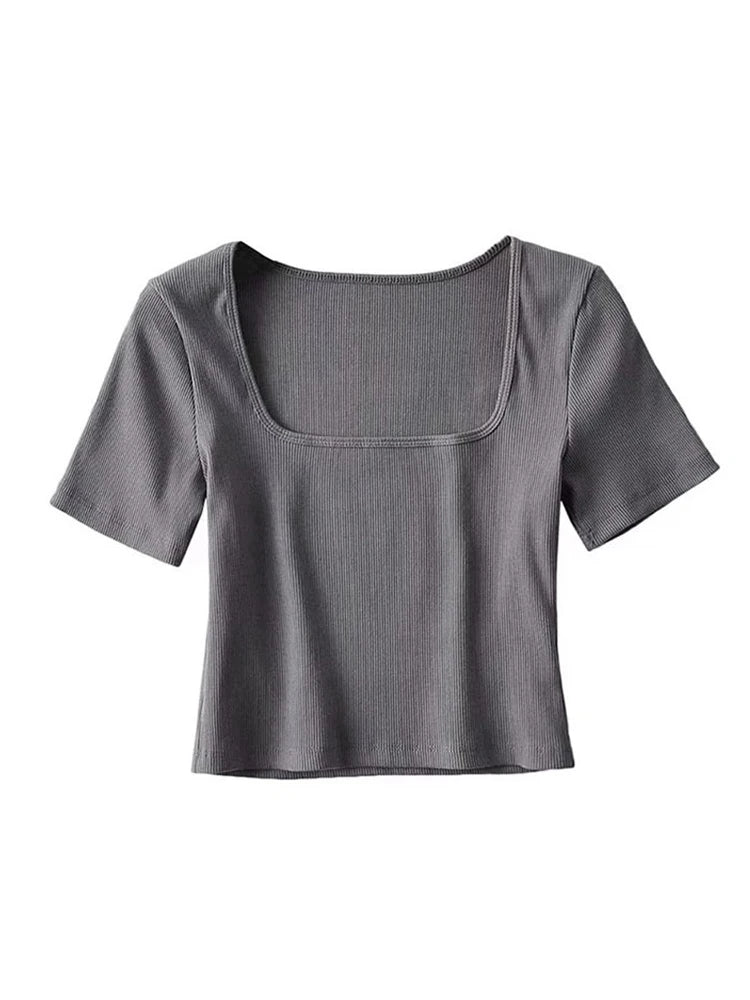 Femke - Rib Crop T-shirt met Vierkante Hals