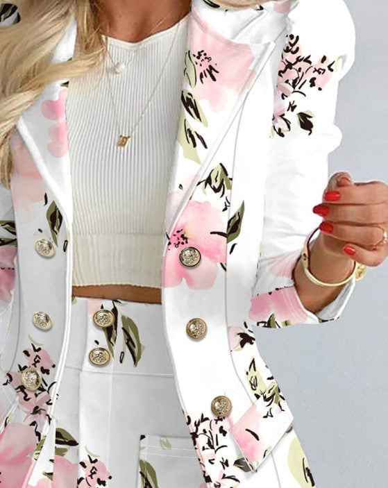 Eva - Dubbelrijige Blazer met Bloemenprint en Pofmouwen