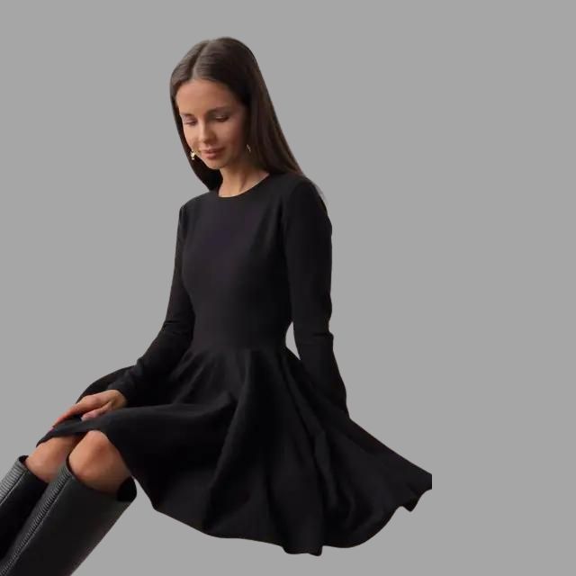 Elise - Elegant Long Sleeve Sweater Dress with Pleated Skirt