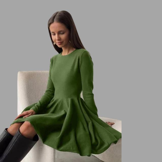 Elise - Elegant Long Sleeve Sweater Dress with Pleated Skirt