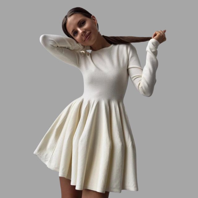 Elise - Elegant Long Sleeve Sweater Dress with Pleated Skirt