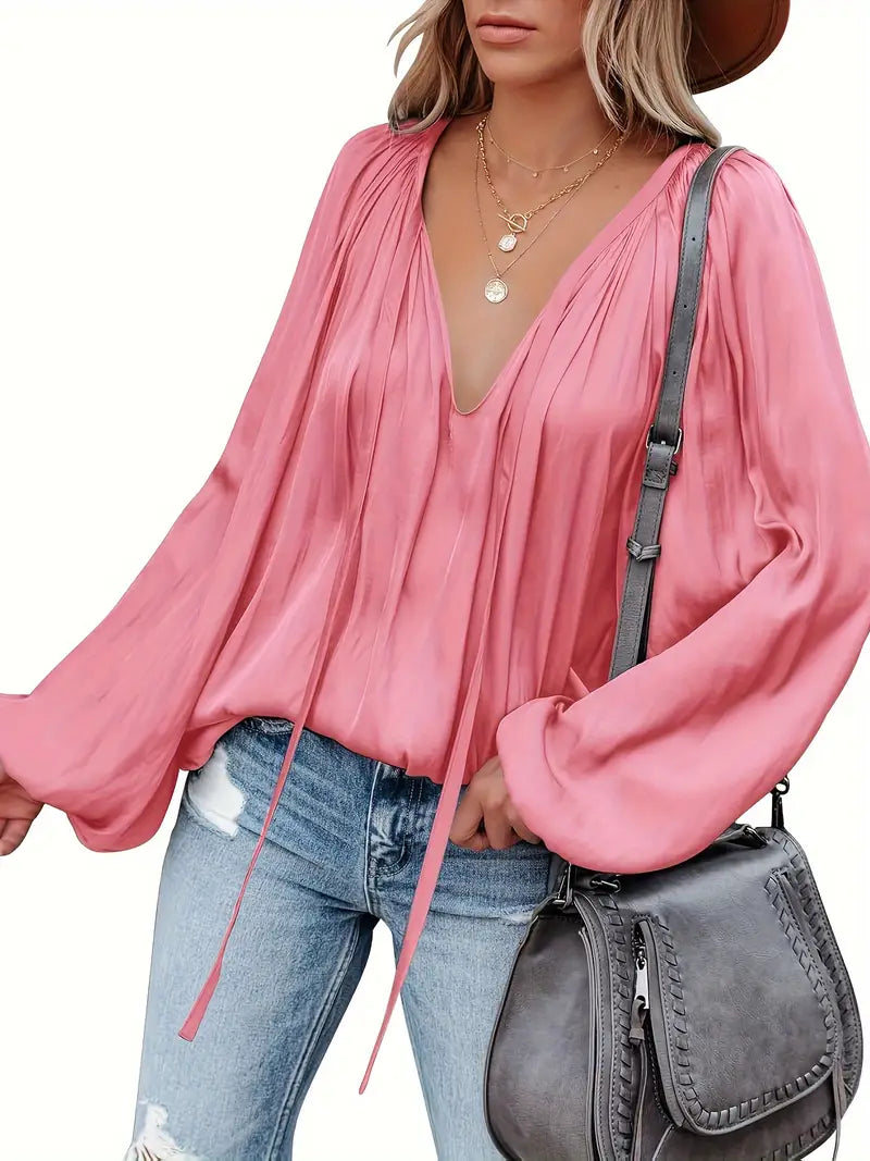 Isabelle - Long Sleeve Lantern Blouse with V-Neck for Spring and Summer