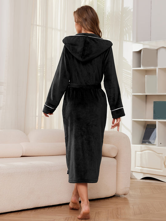 Isabelle - Elegant Plain Fleece Robe with Hood and Belt