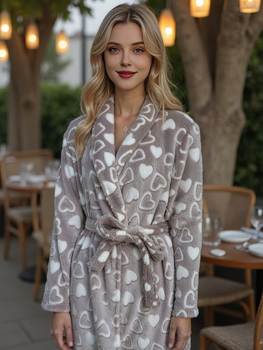 Elise - Elegant Flannel Robe with Heart Pattern and Belt