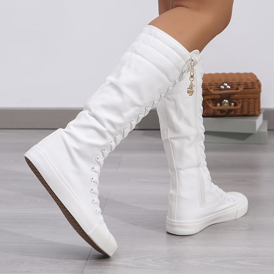 Sanne - Casual Knee High Canvas Boots With Zipper and Low Heel