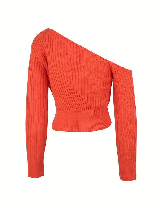 Nina - Ribbed Off Shoulder Knitted Crop Sweater, Sexy Long Sleeve Pullover