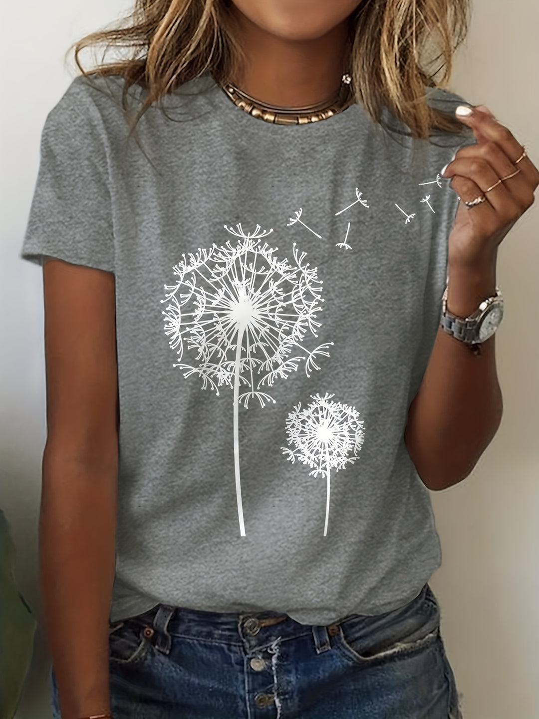 Dahlia - Dandelion Print T-Shirt, Casual Short Sleeve Top