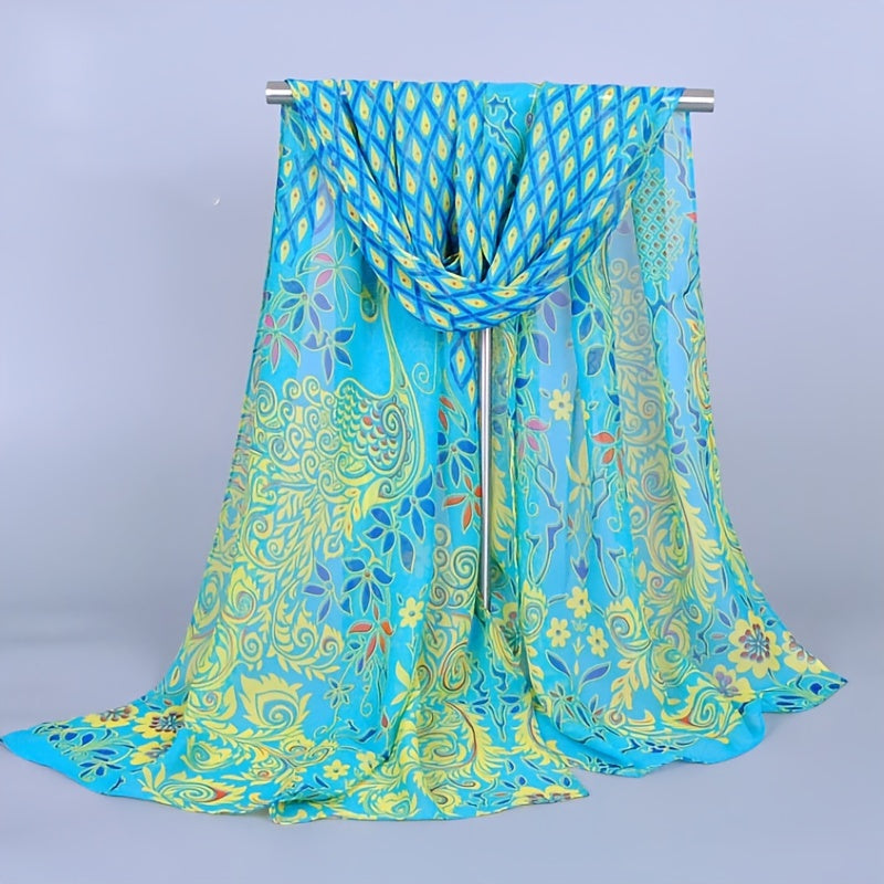 Evelien - Elegant Chiffon Scarf with Peacock Print