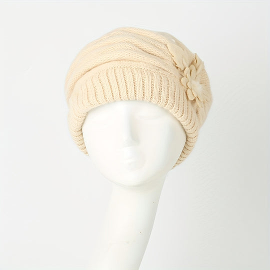 Lotte - Striped Slouchy Beanie with Floral Decor - Elegant Knitted Hat for Women