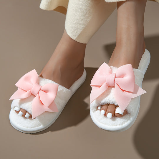 Nina - Decorative Bow Fluffy Slippers, Soft Lightweight Warm Shoes