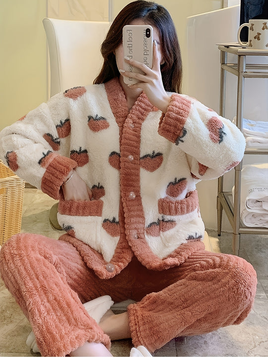 Eva - Winter Cute Pyjama Set With Strawberry Print