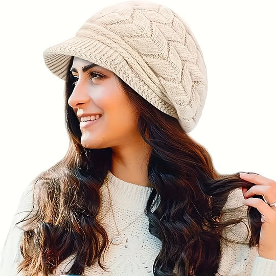 Eva - Stylish Knitted Beret Hat for Women - Lightweight &amp; Warm Fleece Lining