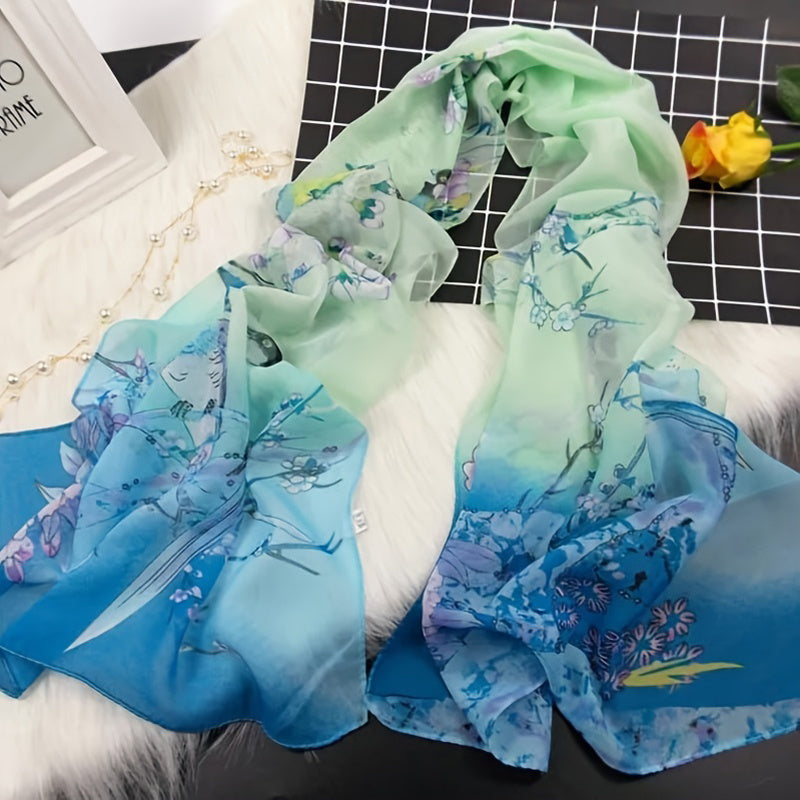 Iris - Elegant Thin Chiffon Scarf with Traditional Chinese Print