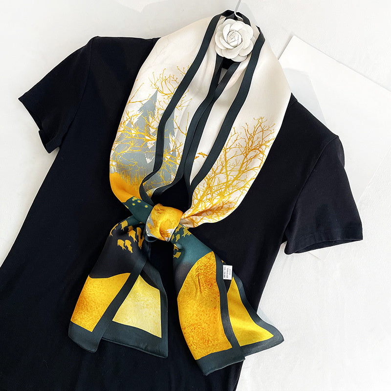 Marieke - Fashionable Yellow Silk Ribbon Scarf with Elegant Forest Design