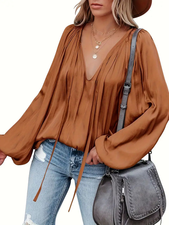 Isabelle - Long Sleeve Lantern Blouse with V-Neck for Spring and Summer